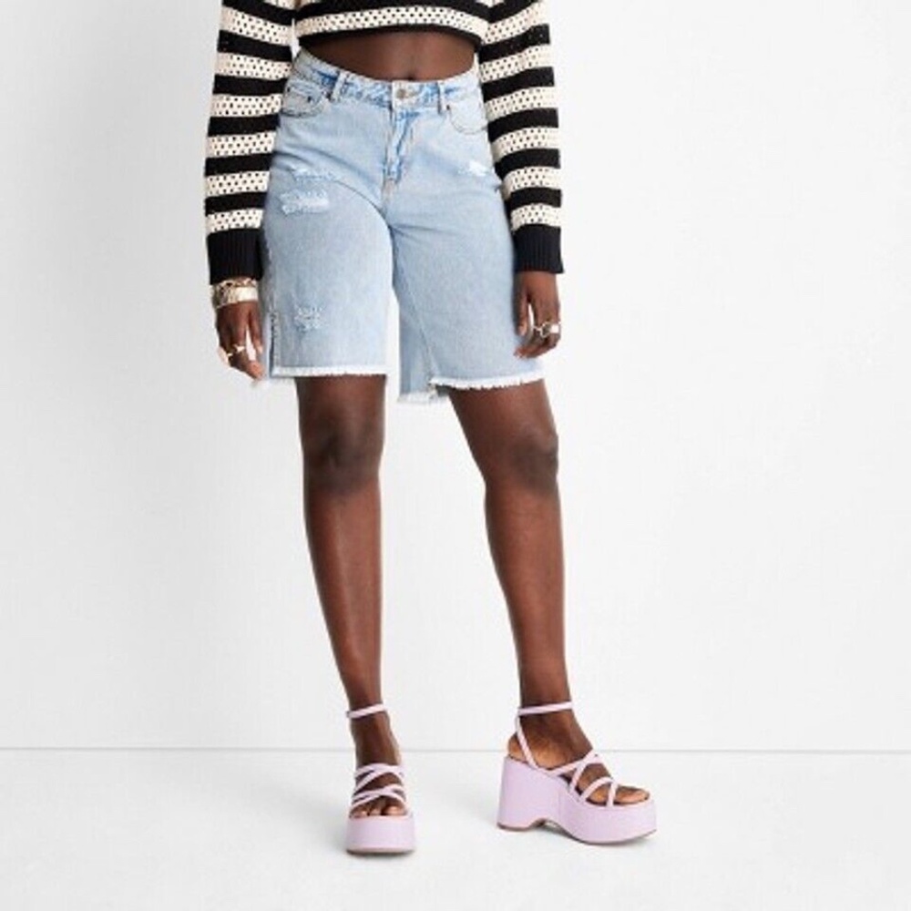 Women's Lightly Distressed Bermuda Denim Shorts - SIZE 0